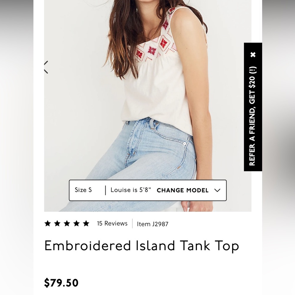 Madewell Embroidered Tank Top Size Small